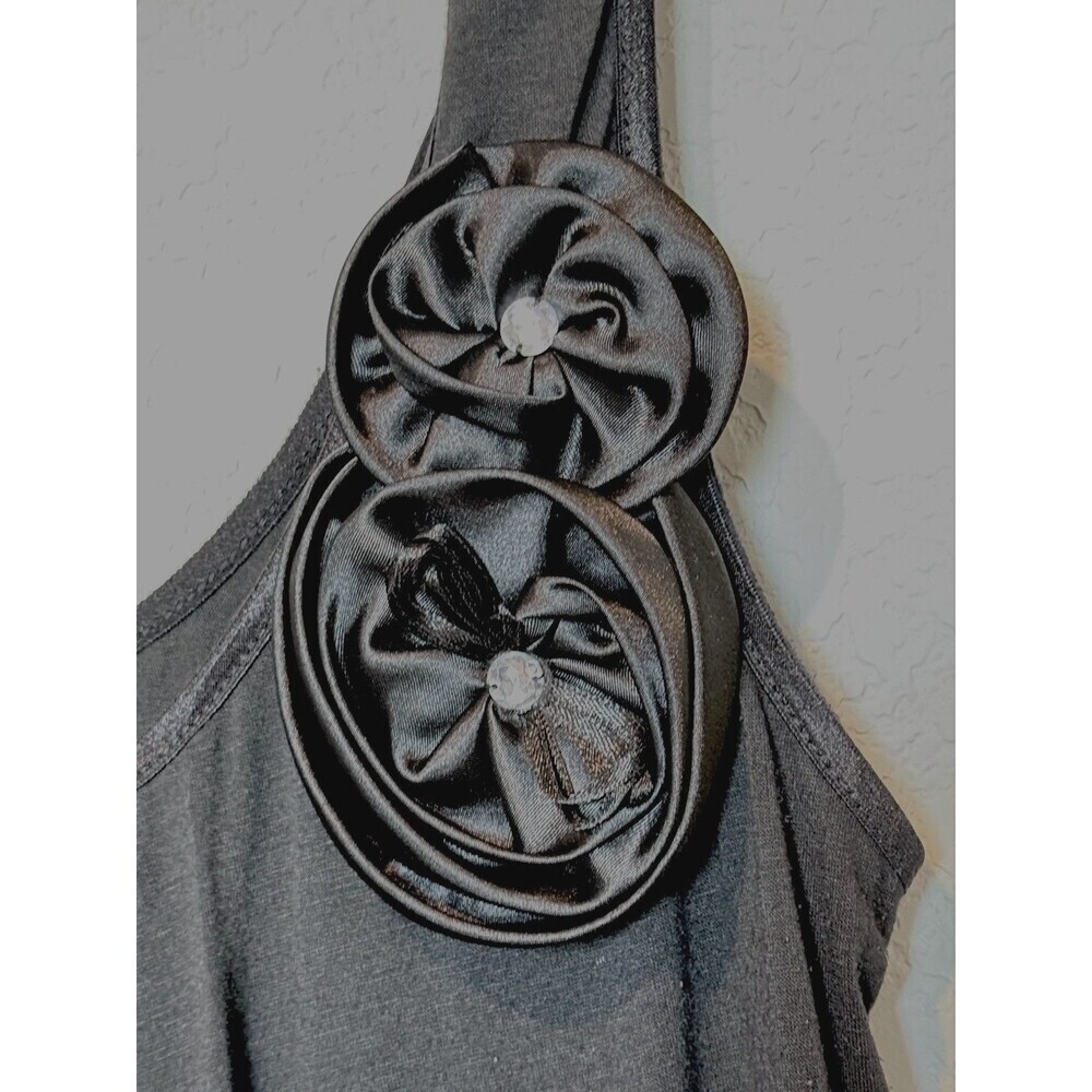 Women’s Black Top Large Silk Flower Rhinestone details USA, Y2K Grunge - Picture 4 of 7